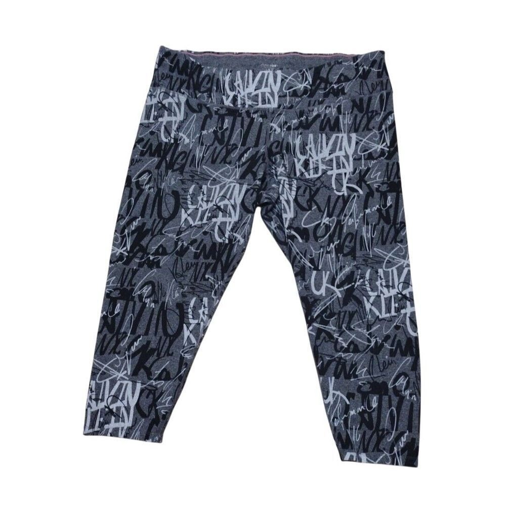 Calvin Klein Leggings Women 3X Gray White Logo Script Print High Waist 7/8 Gym